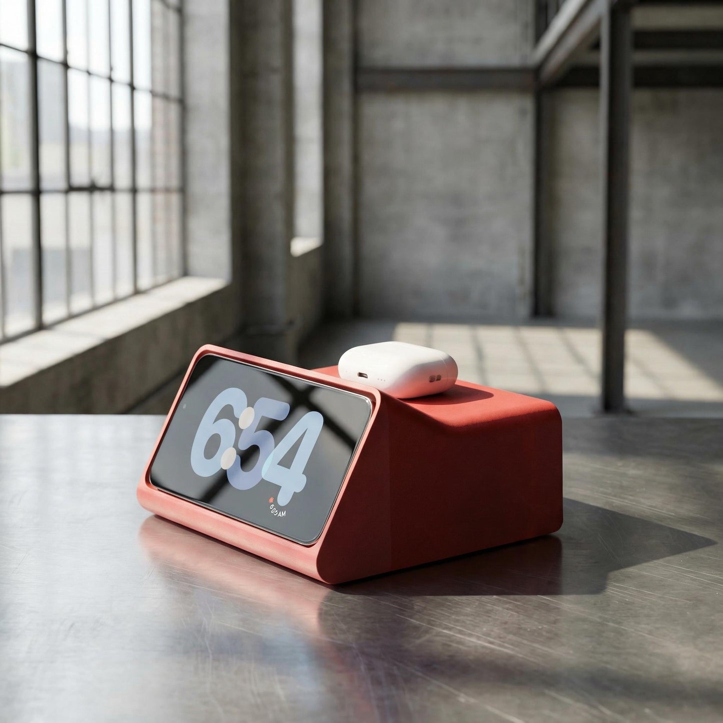 The CRT-1 iPhone Standby Dock: A New Angle on Time front view with solid oak shelf