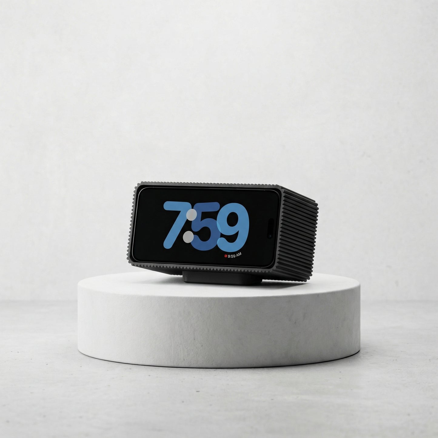 RiDGE 1 iPhone Standby Dock: Carbon Fiber MagSafe Accessory for Desk and Bedside on a minimalist desk setup