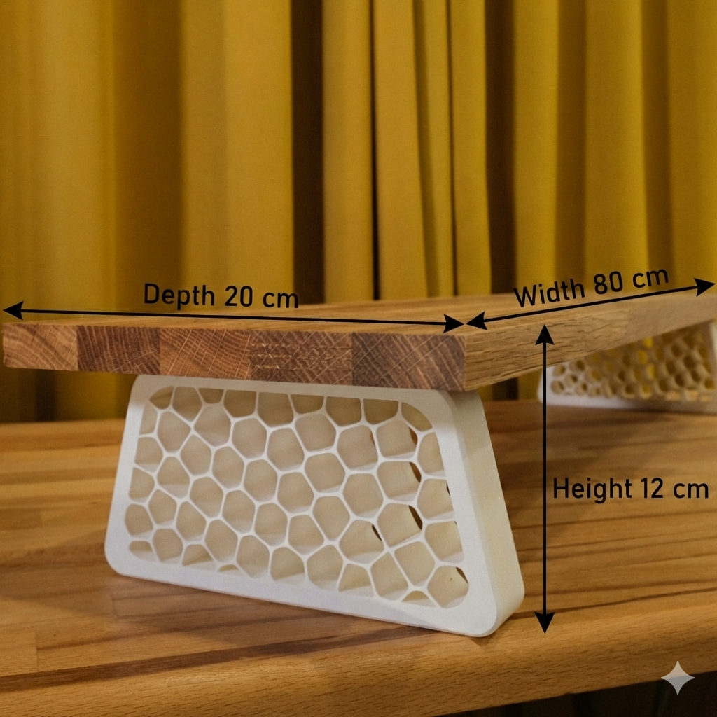 QuickDove Organic Trapezoid Modular Desk Stand showing tool-less leg attachment system