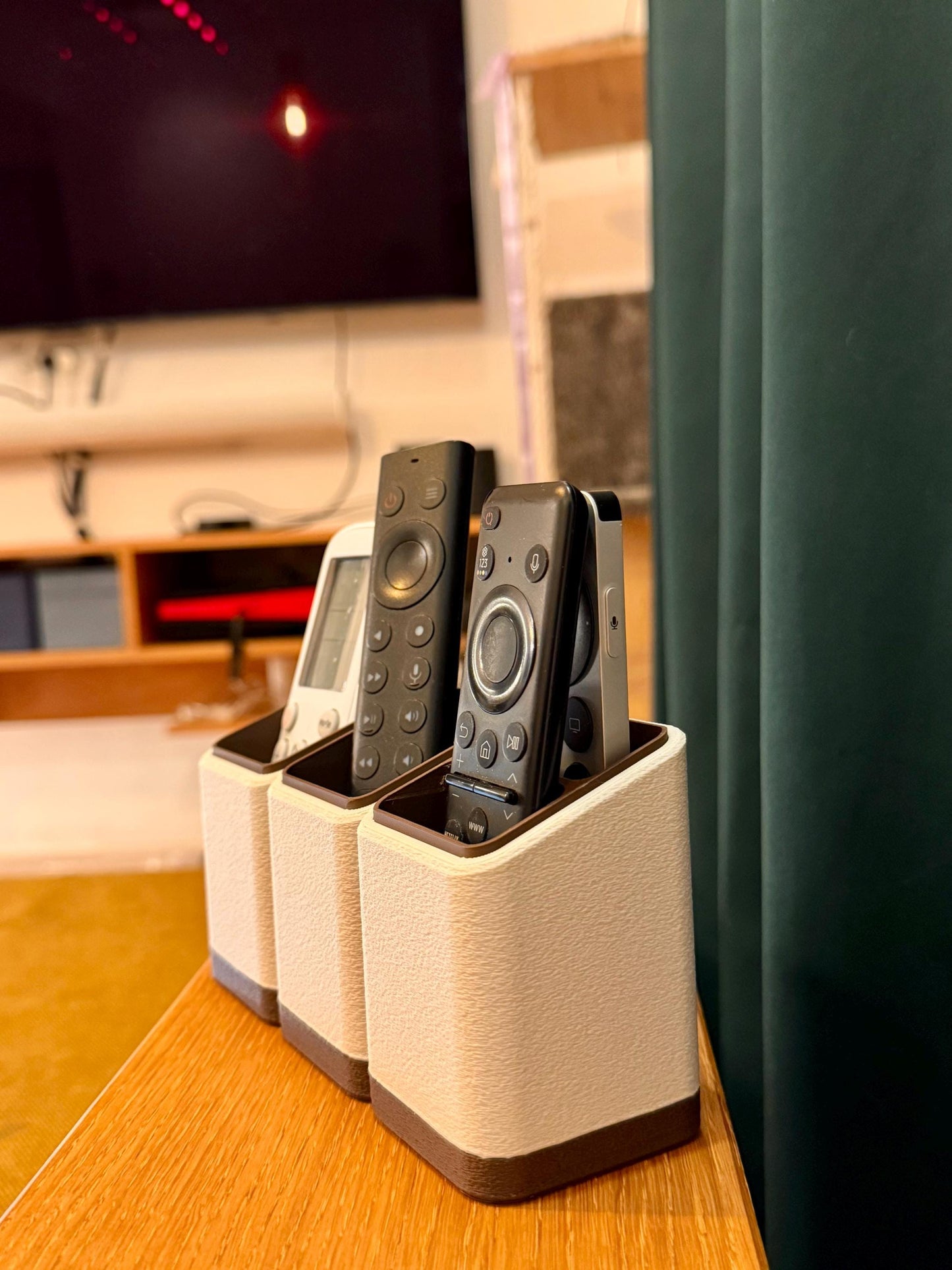 Minimalist Remote Control Holder: Two or Three Slot Organizer angled view showing leg detail