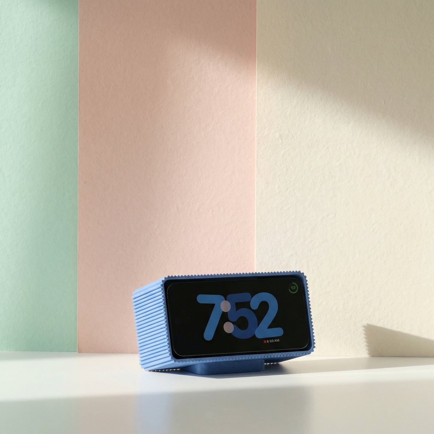 RiDGE 1 iPhone Standby Dock: Carbon Fiber MagSafe Accessory for Desk and Bedside front view with solid oak shelf