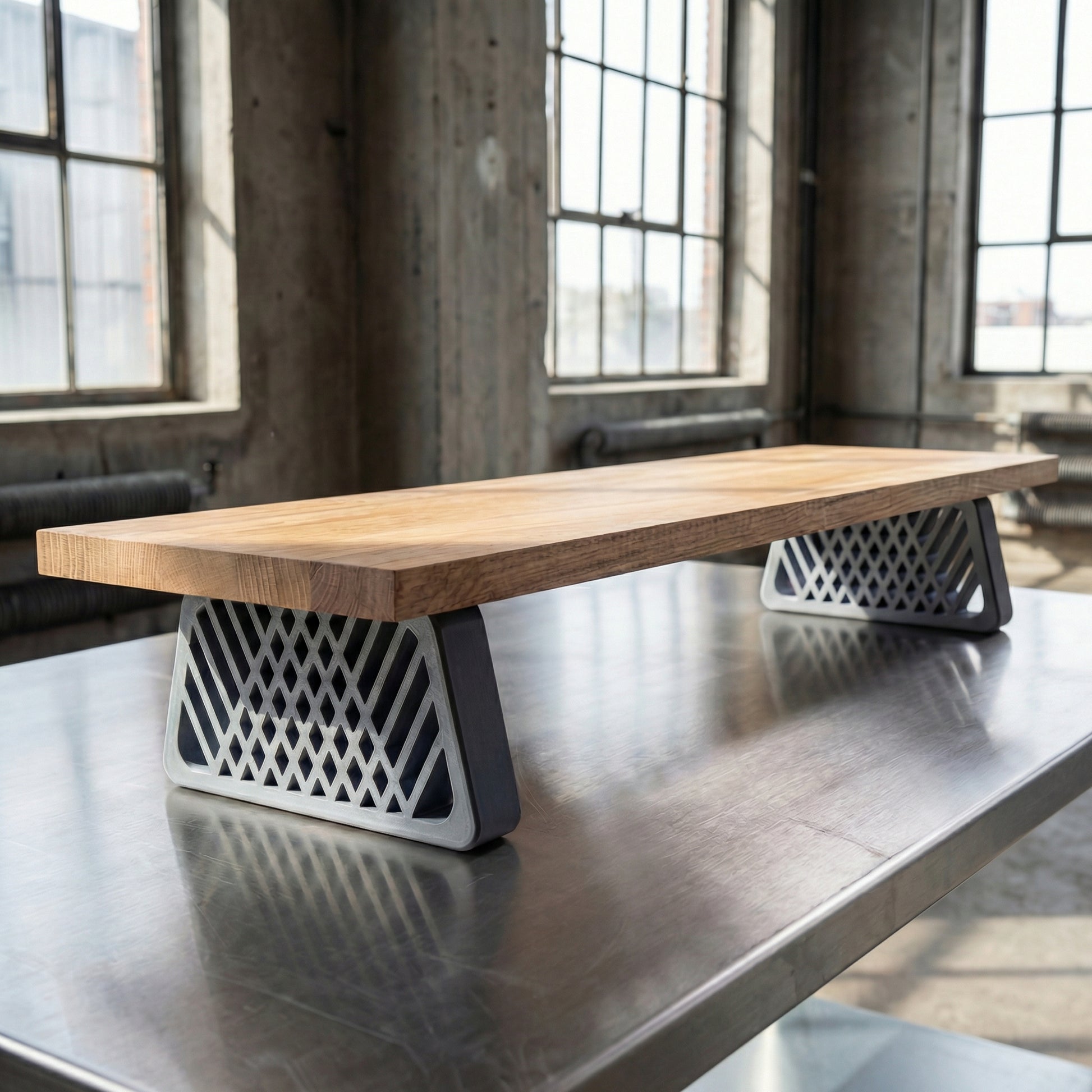 QuickDove Diamond Truss Trapezoid Modular Desk Stand front view with solid oak shelf