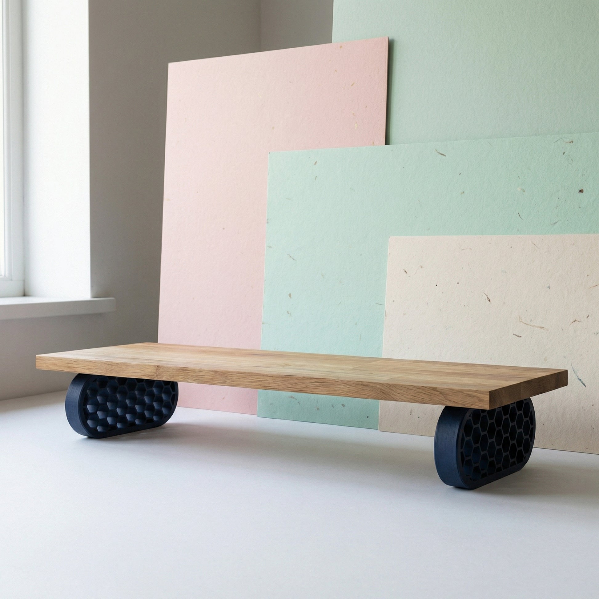 QuickDove Hex Oval Modular Desk Stand front view with solid oak shelf