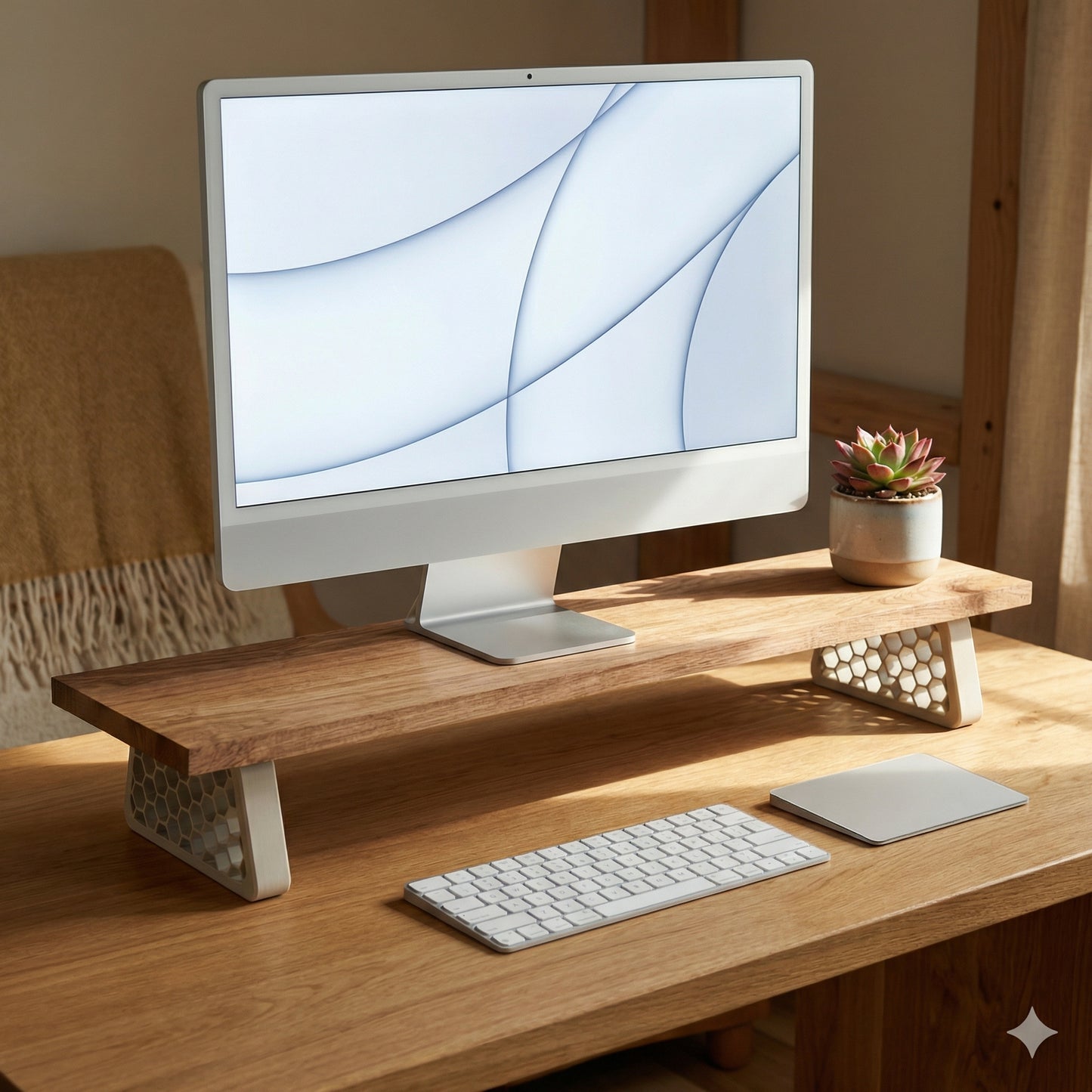 QuickDove Hex Trapezoid Modular Desk Stand in a modern home office environment