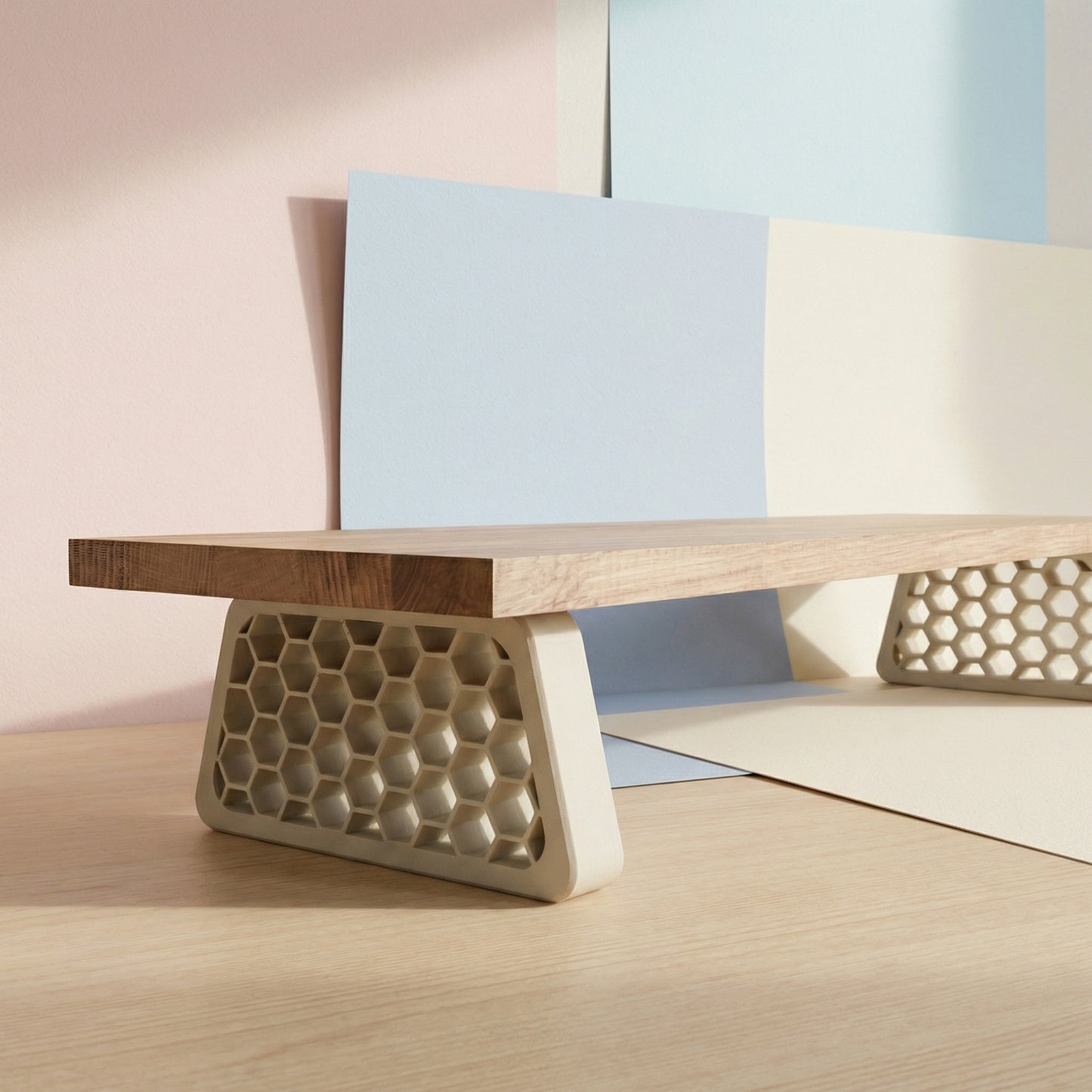 QuickDove Hex Trapezoid Modular Desk Stand front view with solid oak shelf
