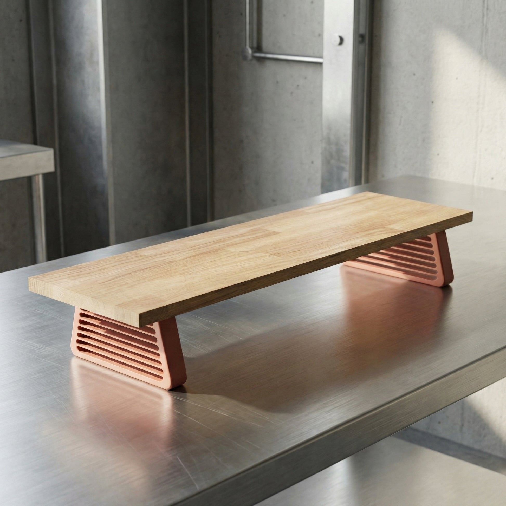 QuickDove Horizon Trapezoid Modular Desk Stand front view with solid oak shelf