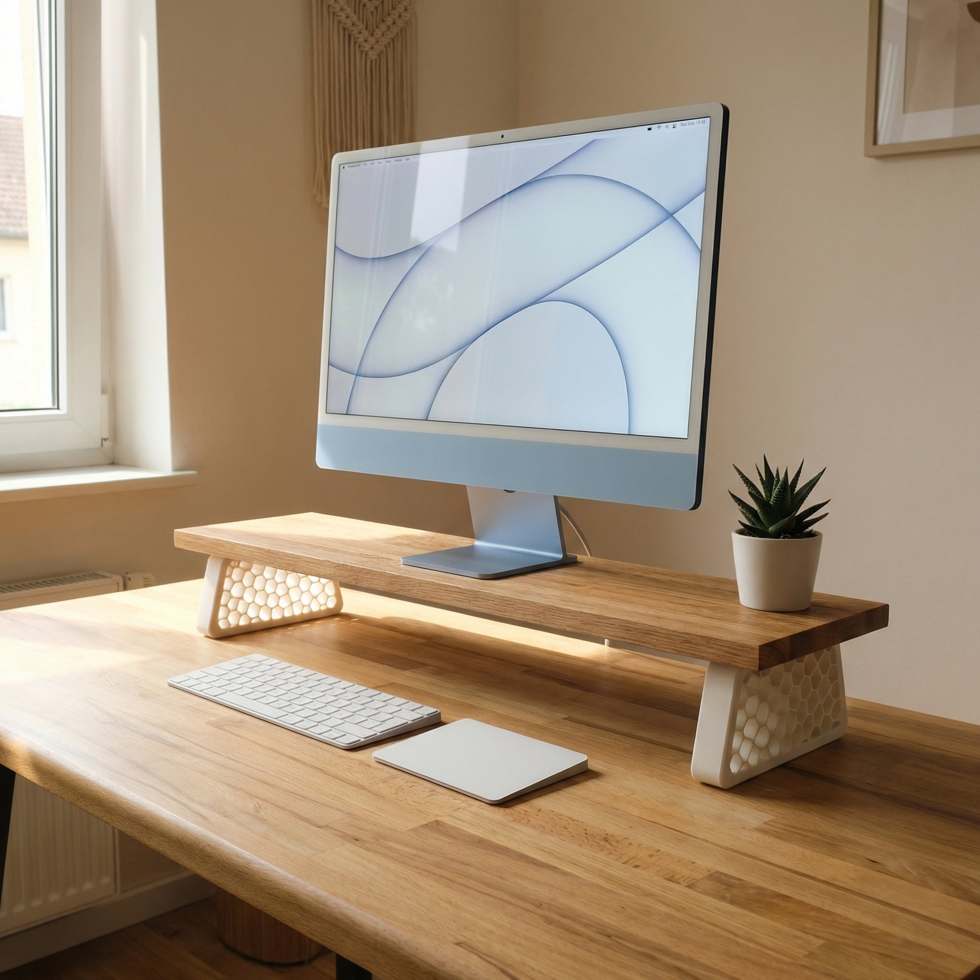 QuickDove Organic Trapezoid Modular Desk Stand in a modern home office environment