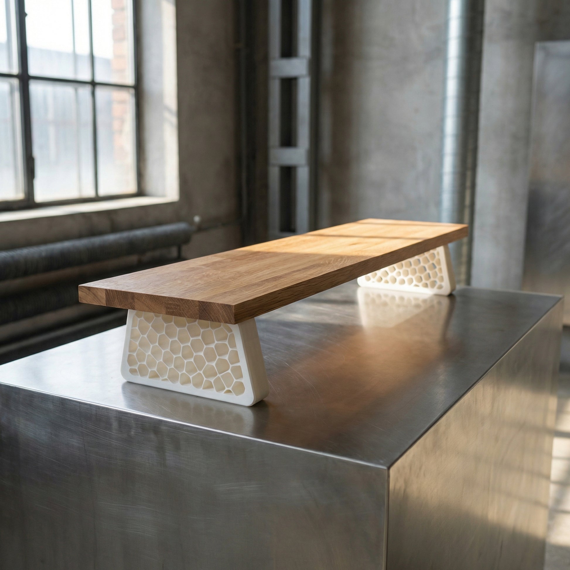 QuickDove Organic Trapezoid Modular Desk Stand showing QuickDove dovetail slide mechanism