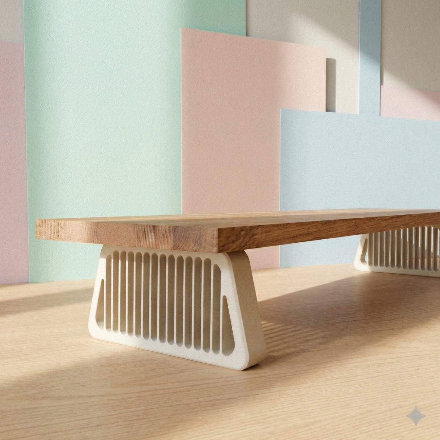 QuickDove Pillar Trapezoid Modular Desk Stand front view with solid oak shelf