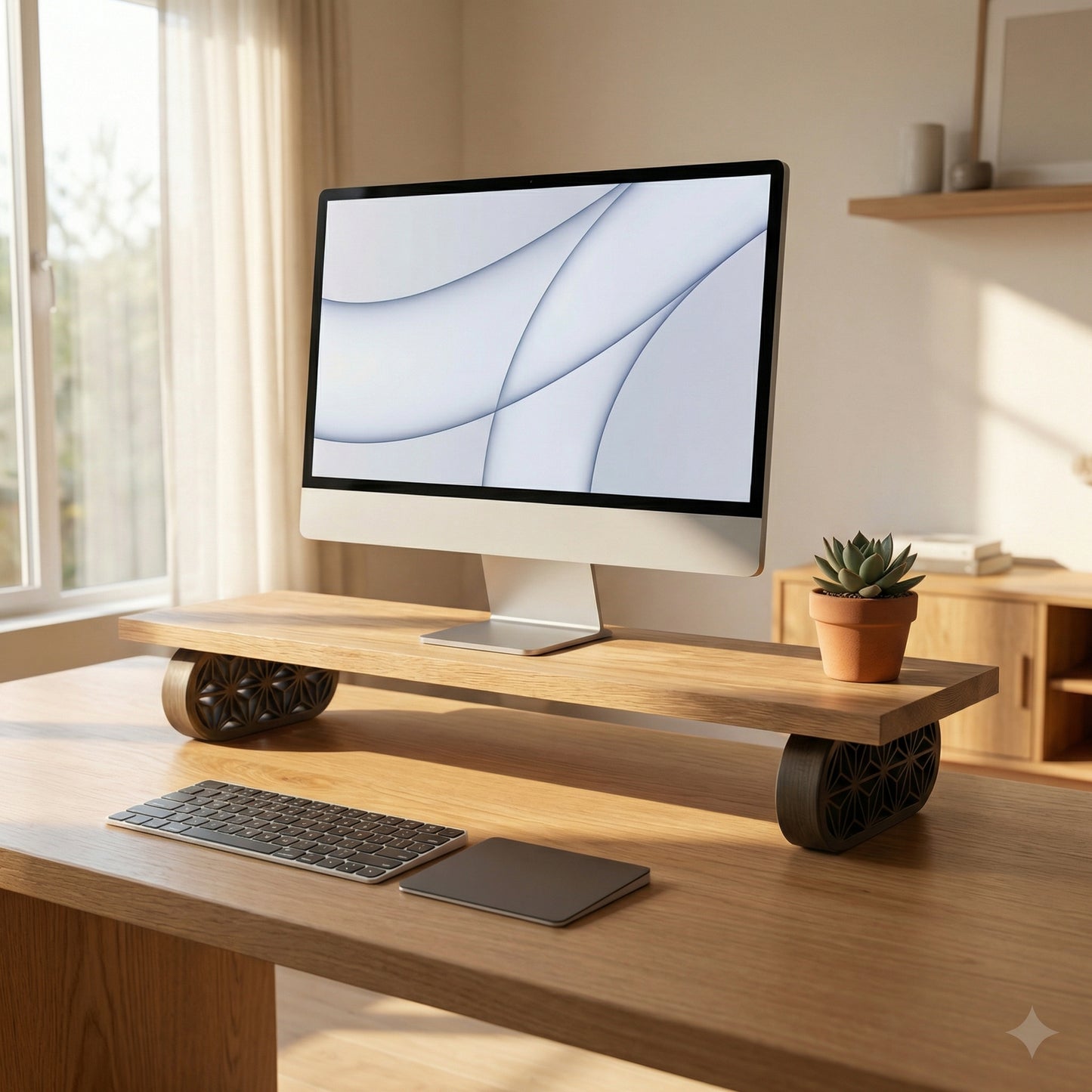 QuickDove Zen Oval Modular Desk Stand in a modern home office environment