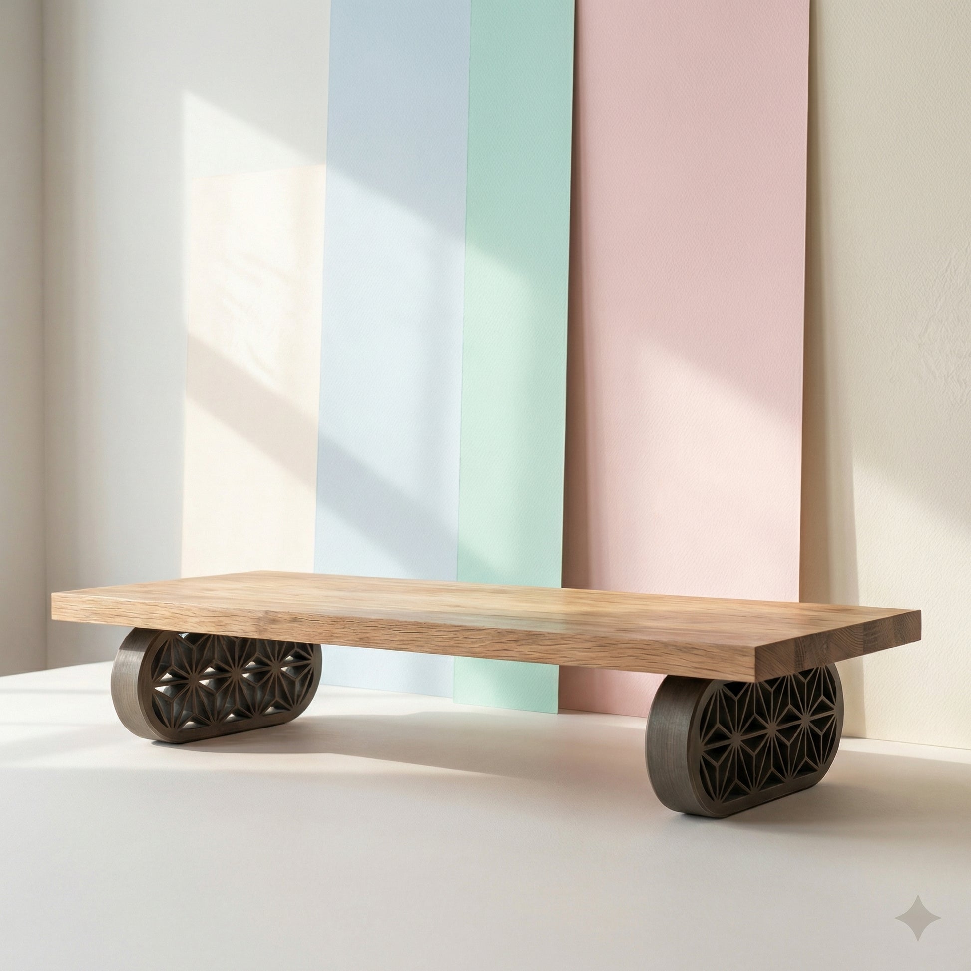 QuickDove Zen Oval Modular Desk Stand front view with solid oak shelf