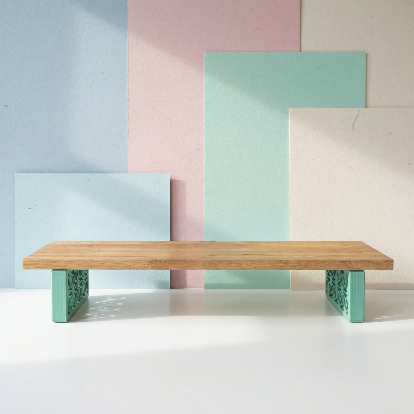 QuickDove Zen Rectangle Modular Desk Stand front view with solid oak shelf
