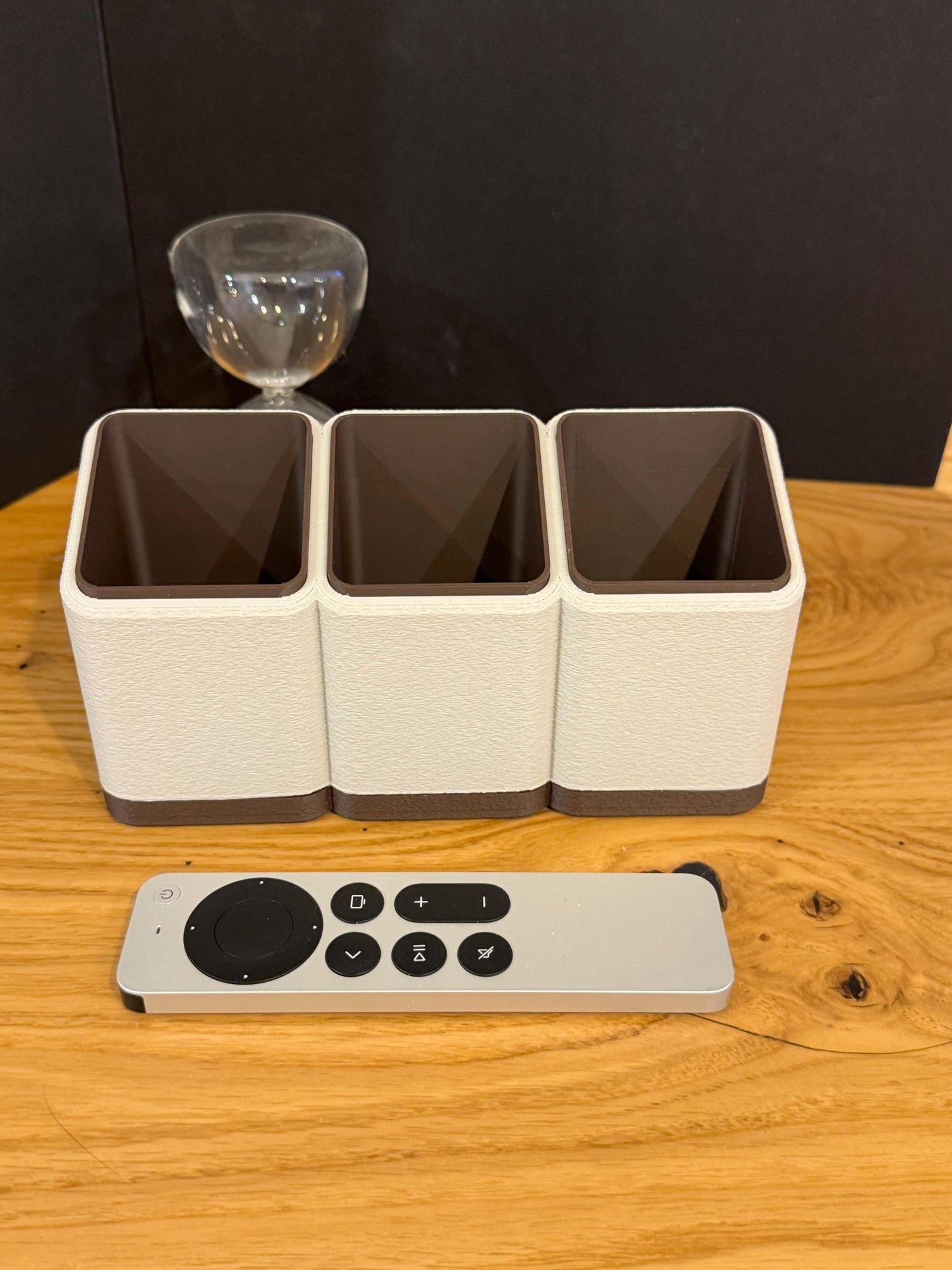 Minimalist Remote Control Holder: Two or Three Slot Organizer with monitor and keyboard underneath
