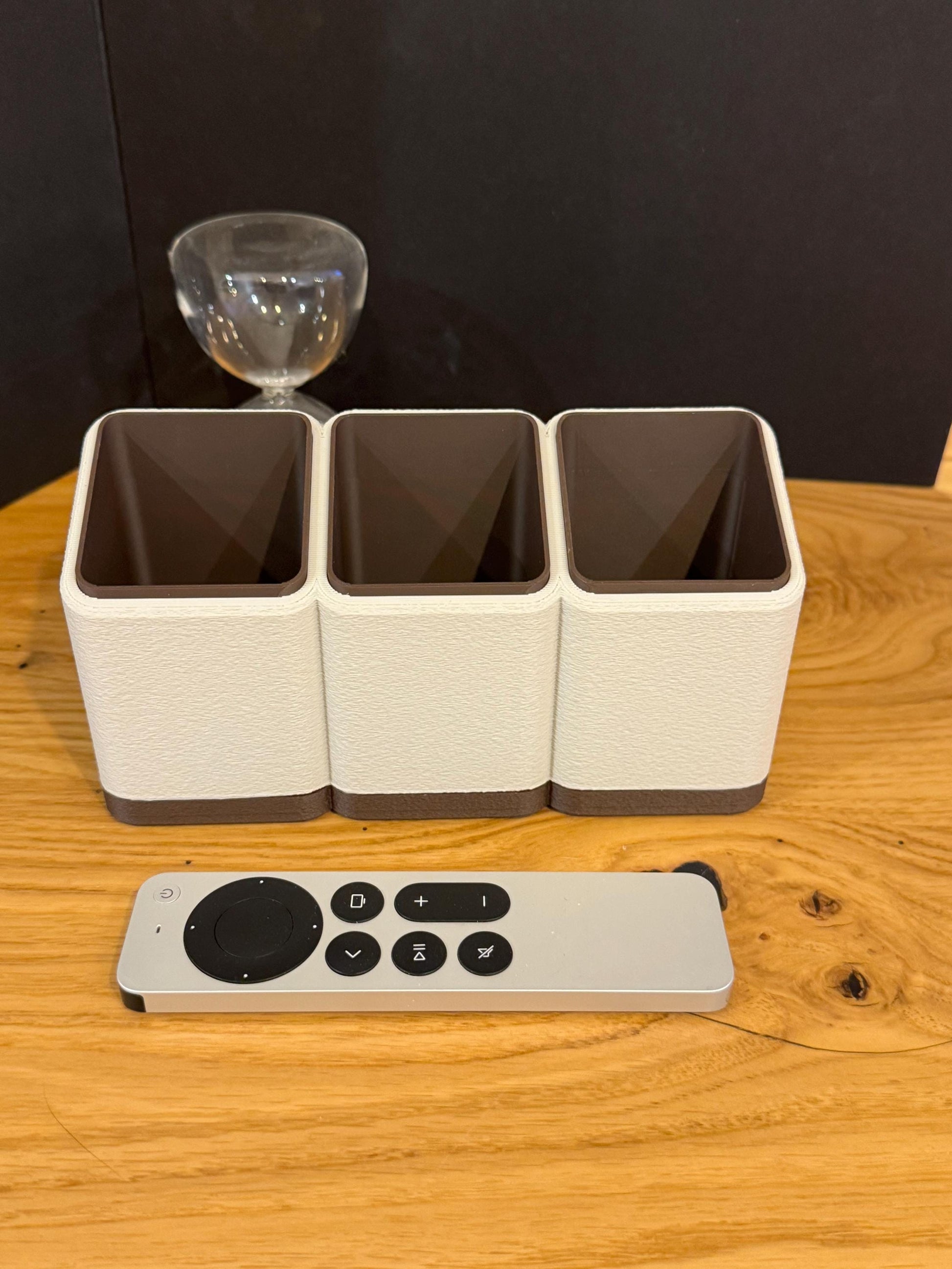 Minimalist Remote Control Holder: Two or Three Slot Organizer with monitor and keyboard underneath