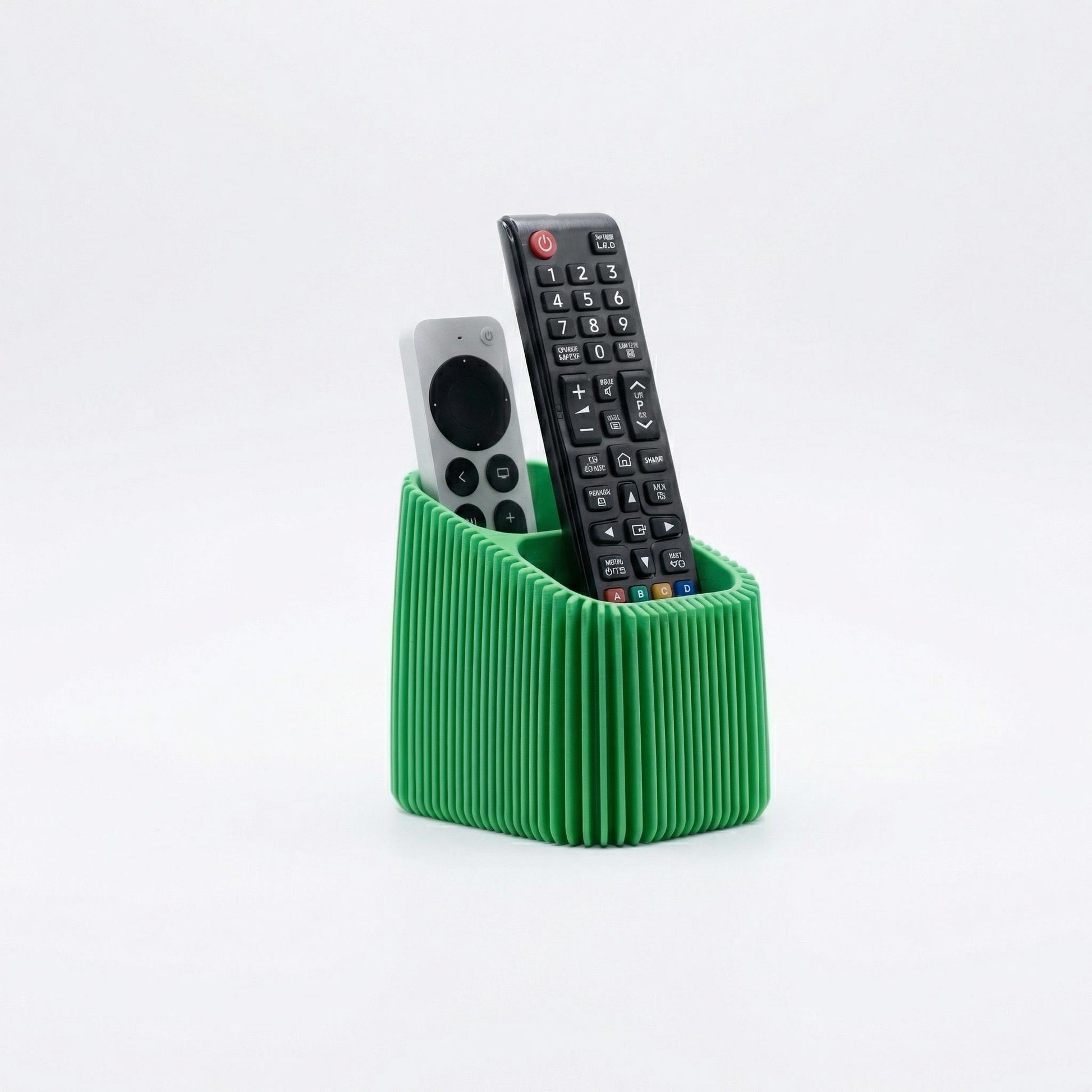 Modern Ribbed Remote Holder | Minimalist Desktop Organizer angled view showing leg detail