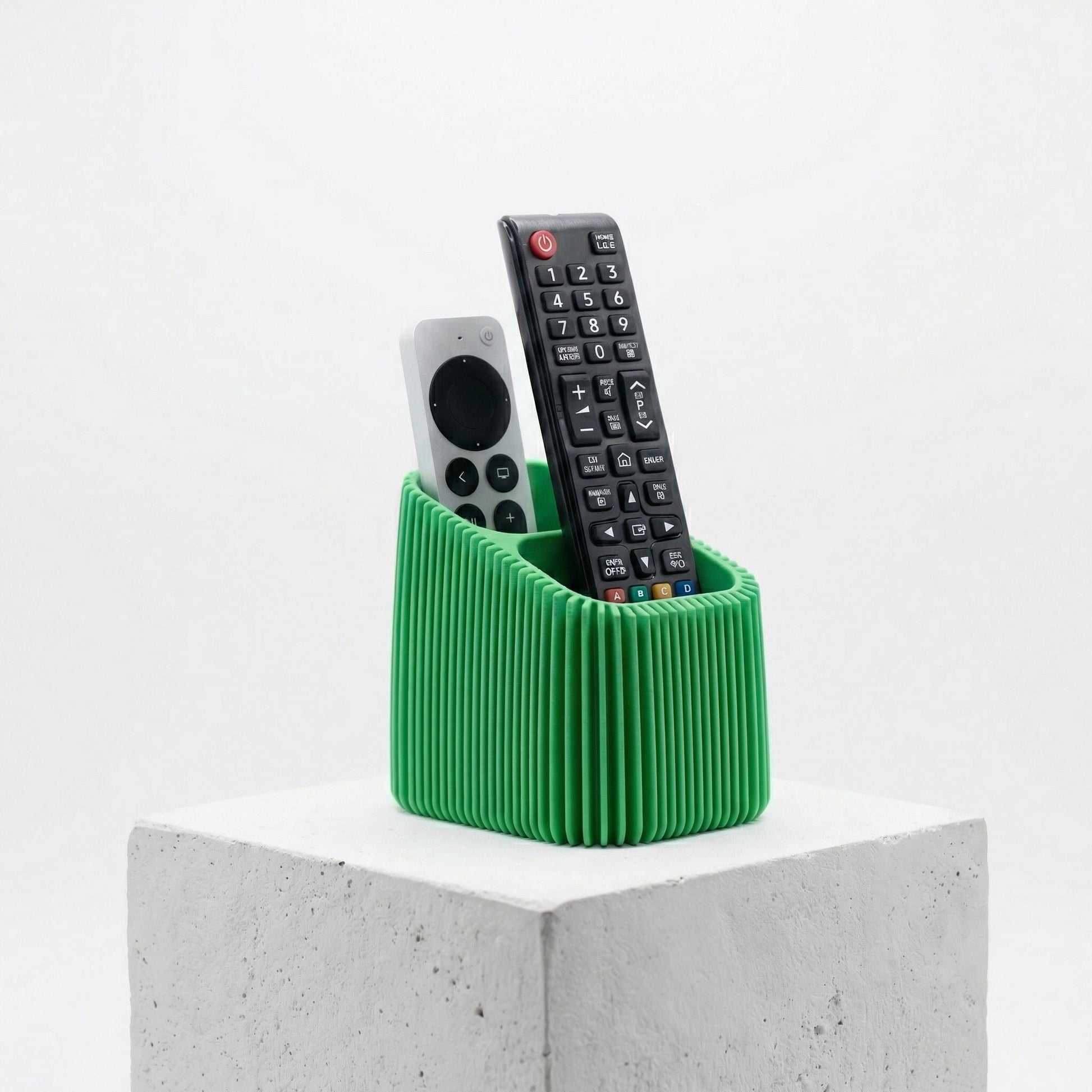 Modern Ribbed Remote Holder | Minimalist Desktop Organizer front view with solid oak shelf