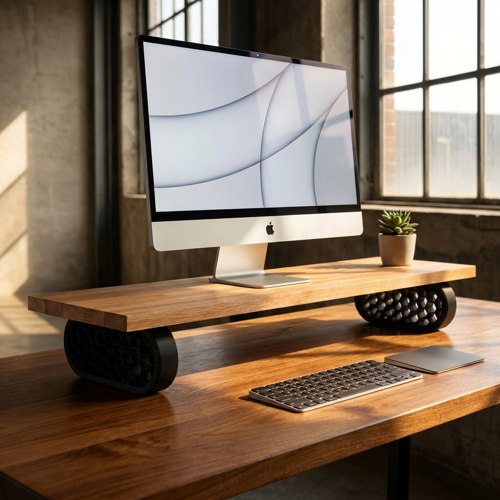 QuickDove Hex Oval Modular Desk Stand showing tool-less leg attachment system