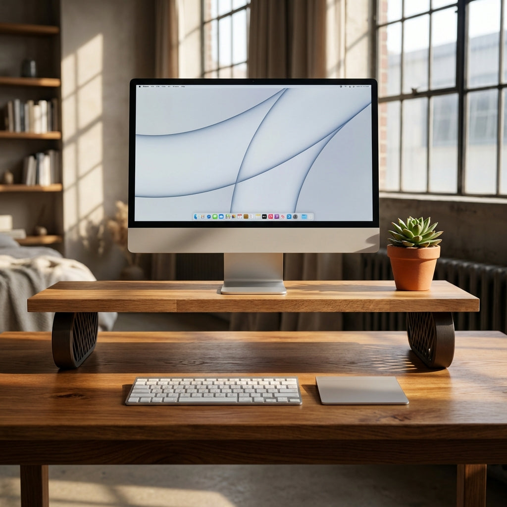 QuickDove Diamond Truss Oval Modular Desk Stand front view with solid oak shelf