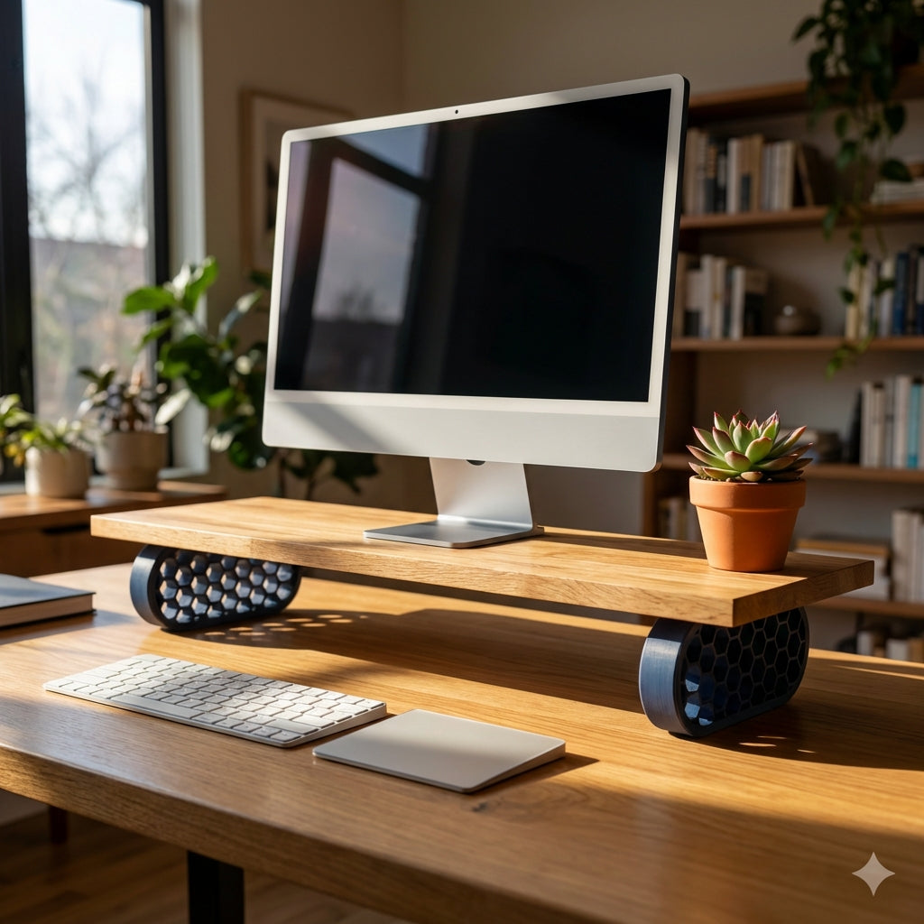QuickDove Hex Oval Modular Desk Stand in a modern home office environment