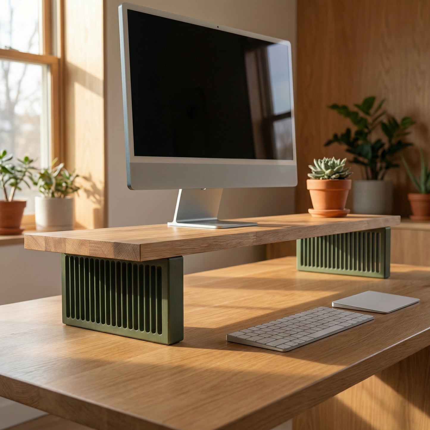 QuickDove Pillar Rectangle Modular Desk Stand in a modern home office environment