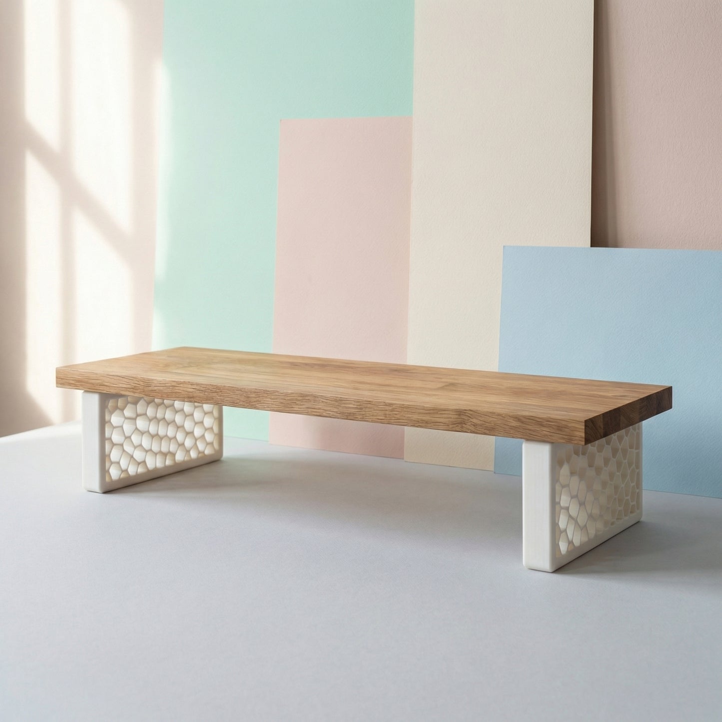 QuickDove Organic Rectangle Modular Desk Stand front view with solid oak shelf