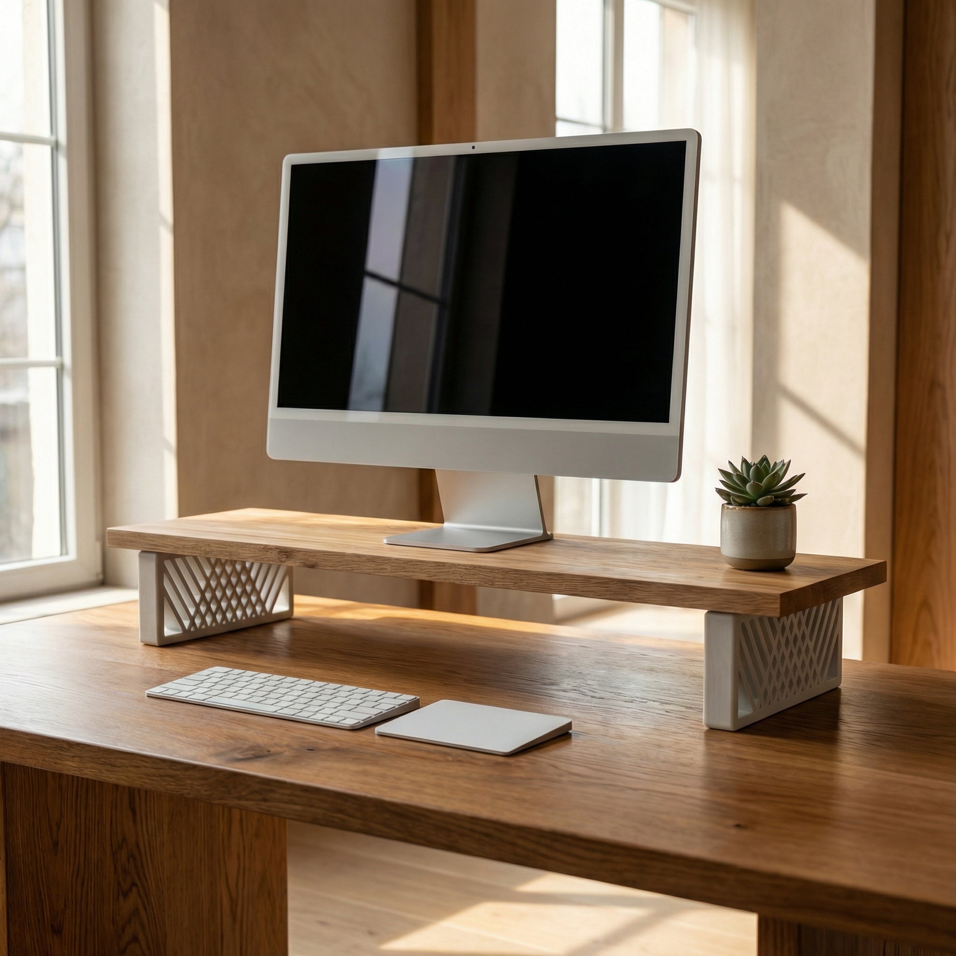 QuickDove Diamond Truss Rectangle Modular Desk Stand front view with solid oak shelf
