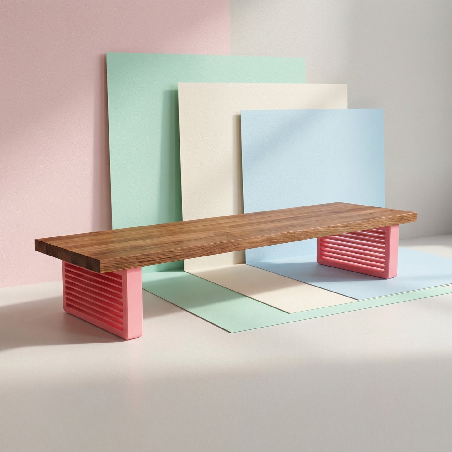 QuickDove Horizon Rectangle Modular Desk Stand front view with solid oak shelf