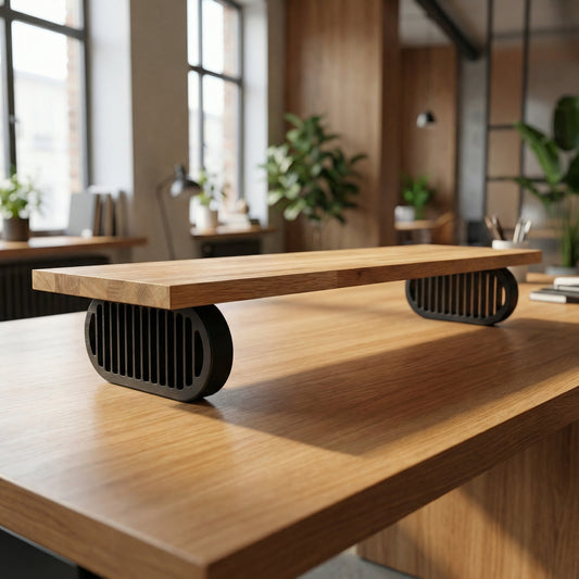 QuickDove Pillar Oval Modular Desk Stand on a minimalist desk setup