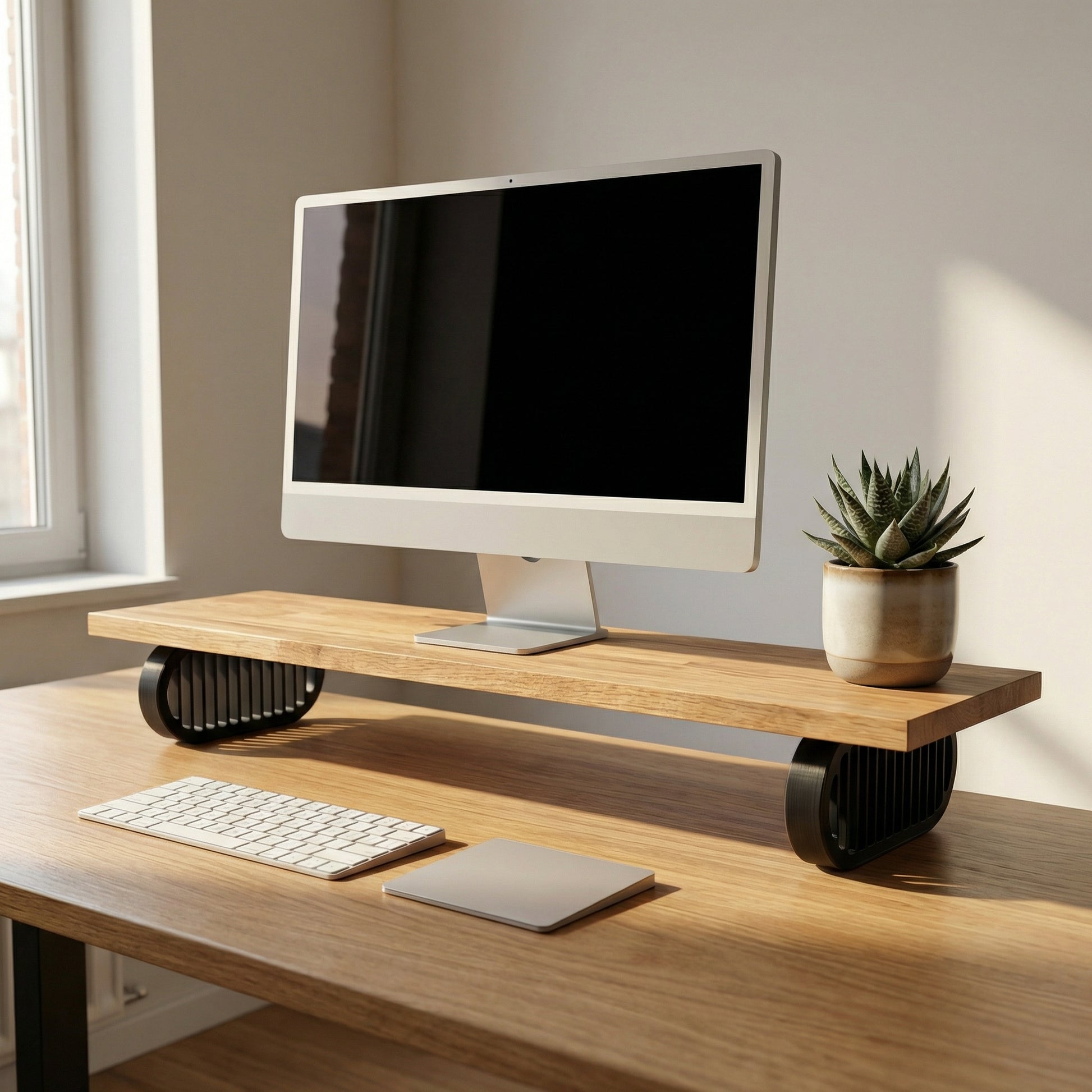 QuickDove Pillar Oval Modular Desk Stand in a modern home office environment