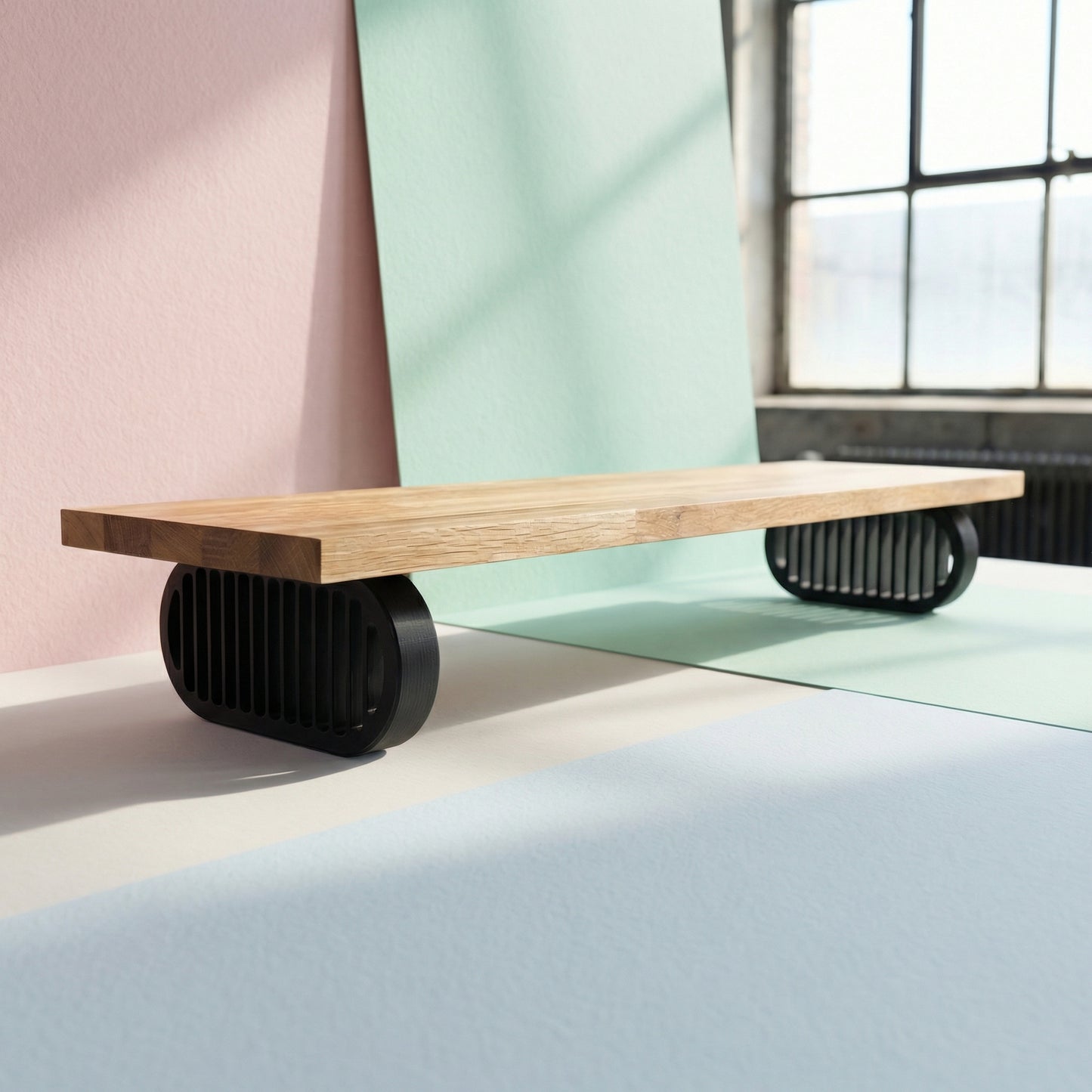 QuickDove Pillar Oval Modular Desk Stand front view with solid oak shelf