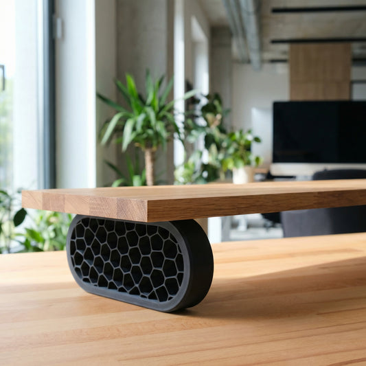 QuickDove Organic Oval Modular Desk Stand on a minimalist desk setup