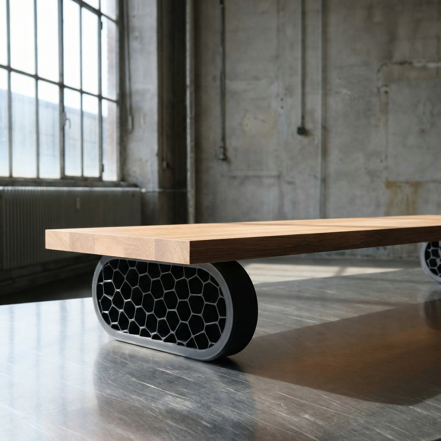 QuickDove Organic Oval Modular Desk Stand front view with solid oak shelf