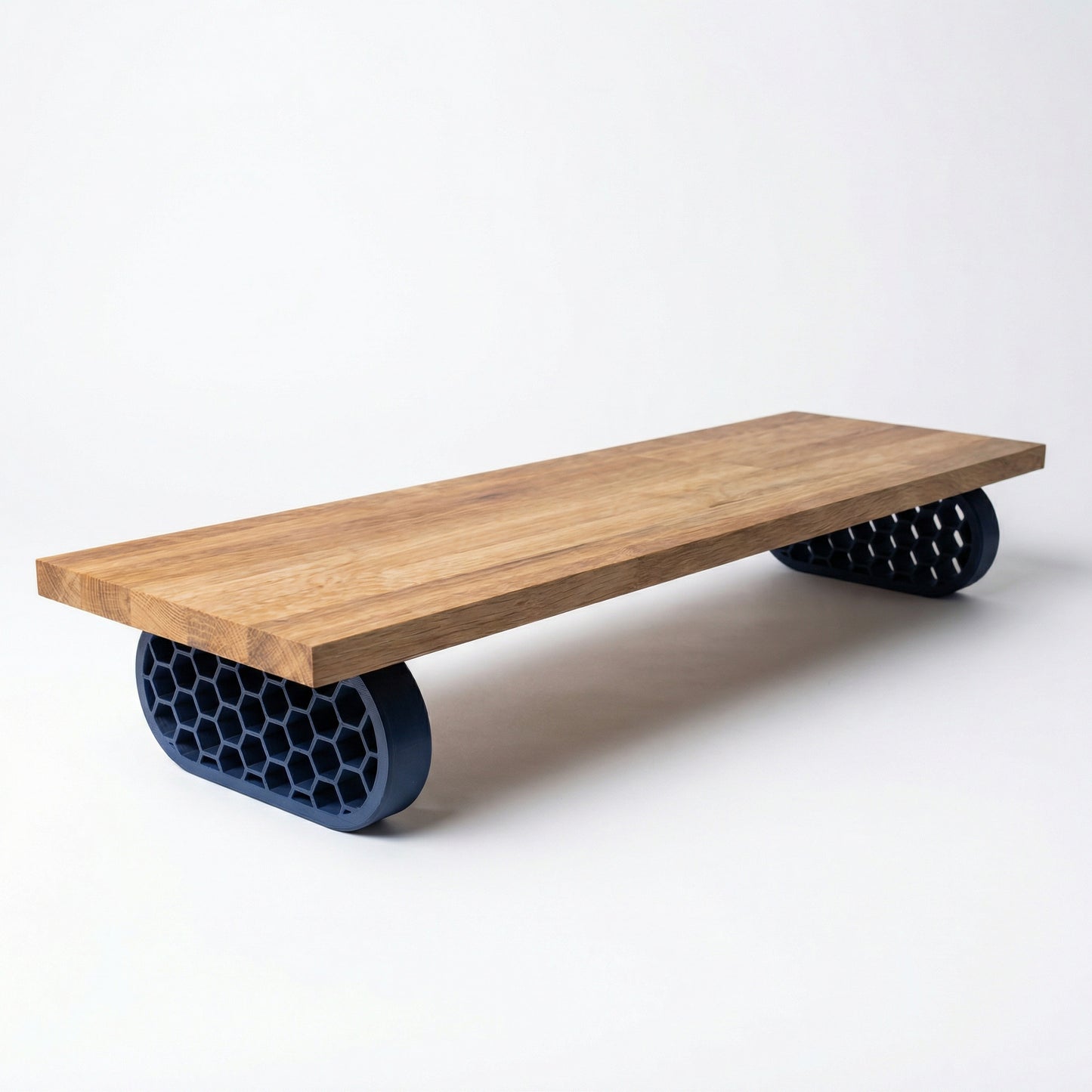 QuickDove Hex Oval Modular Desk Stand with monitor and keyboard underneath