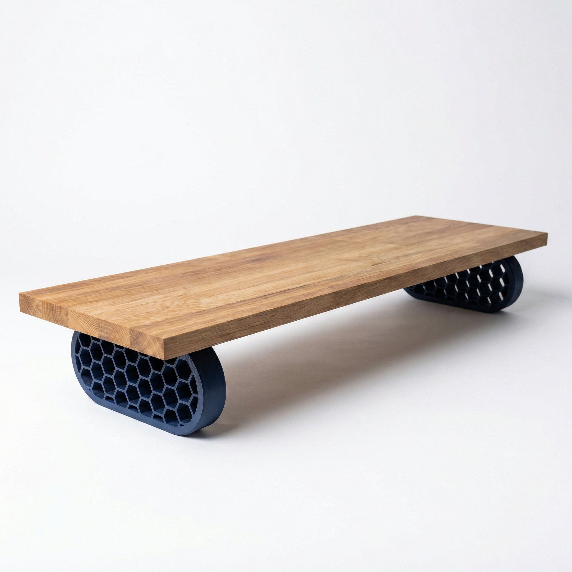 QuickDove Hex Oval Modular Desk Stand with monitor and keyboard underneath