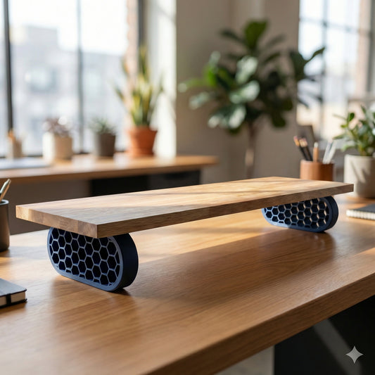 QuickDove Hex Oval Modular Desk Stand on a minimalist desk setup